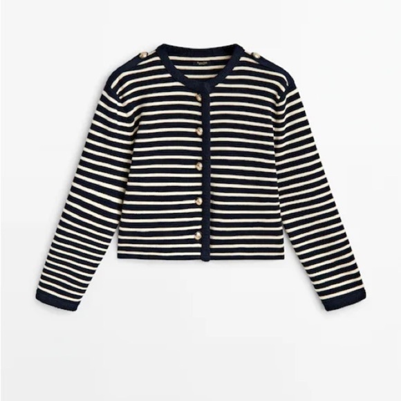 NWT. Massimo Dutti Navy Blue/Ecru Striped Gold-Toned Buttons Cardigan. Size XS. - Picture 6 of 8